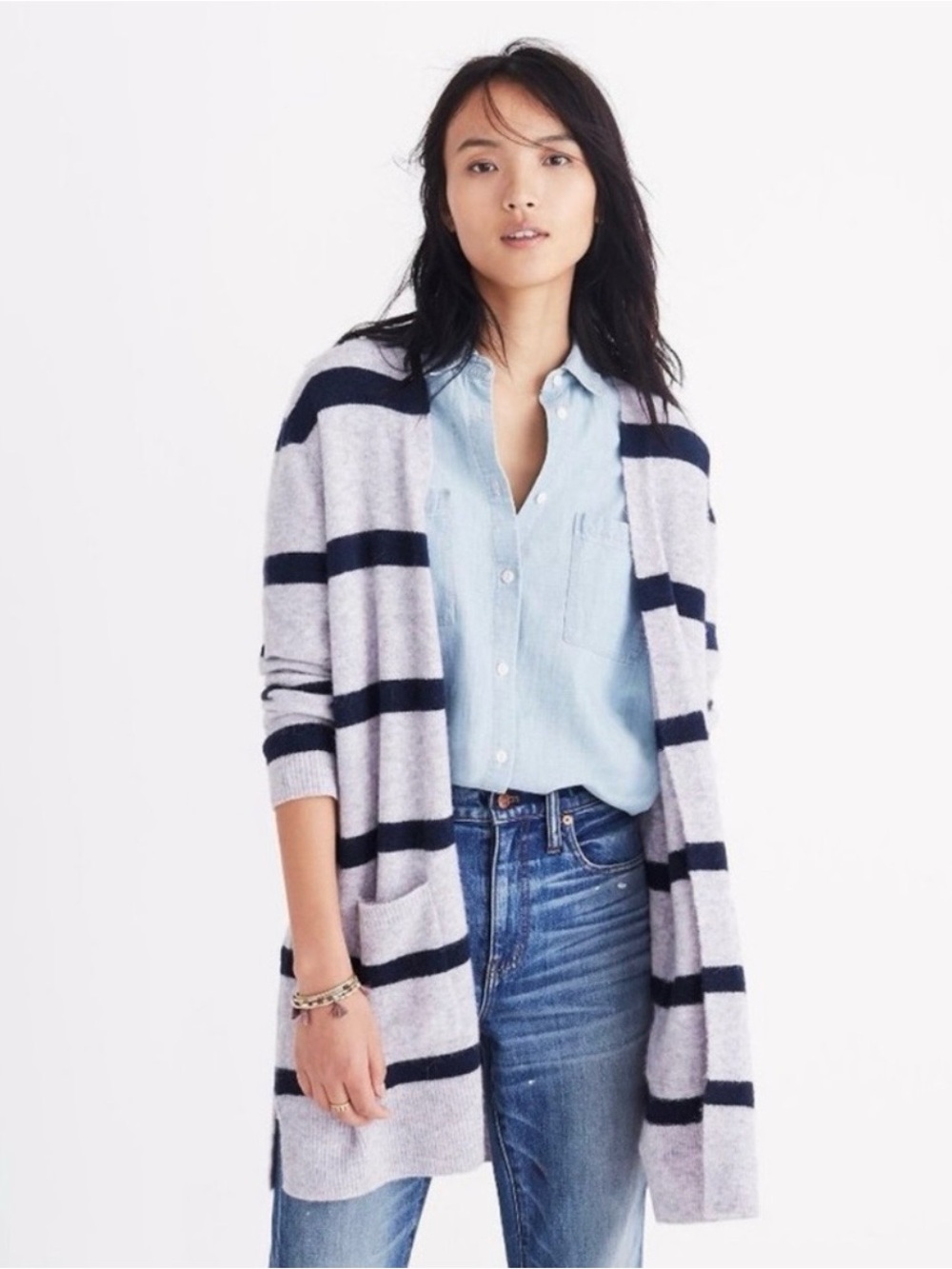 Madewell Cardigan Sweater Gray Navy Stripe Wool Alpaca Pockets Women M Preppy
